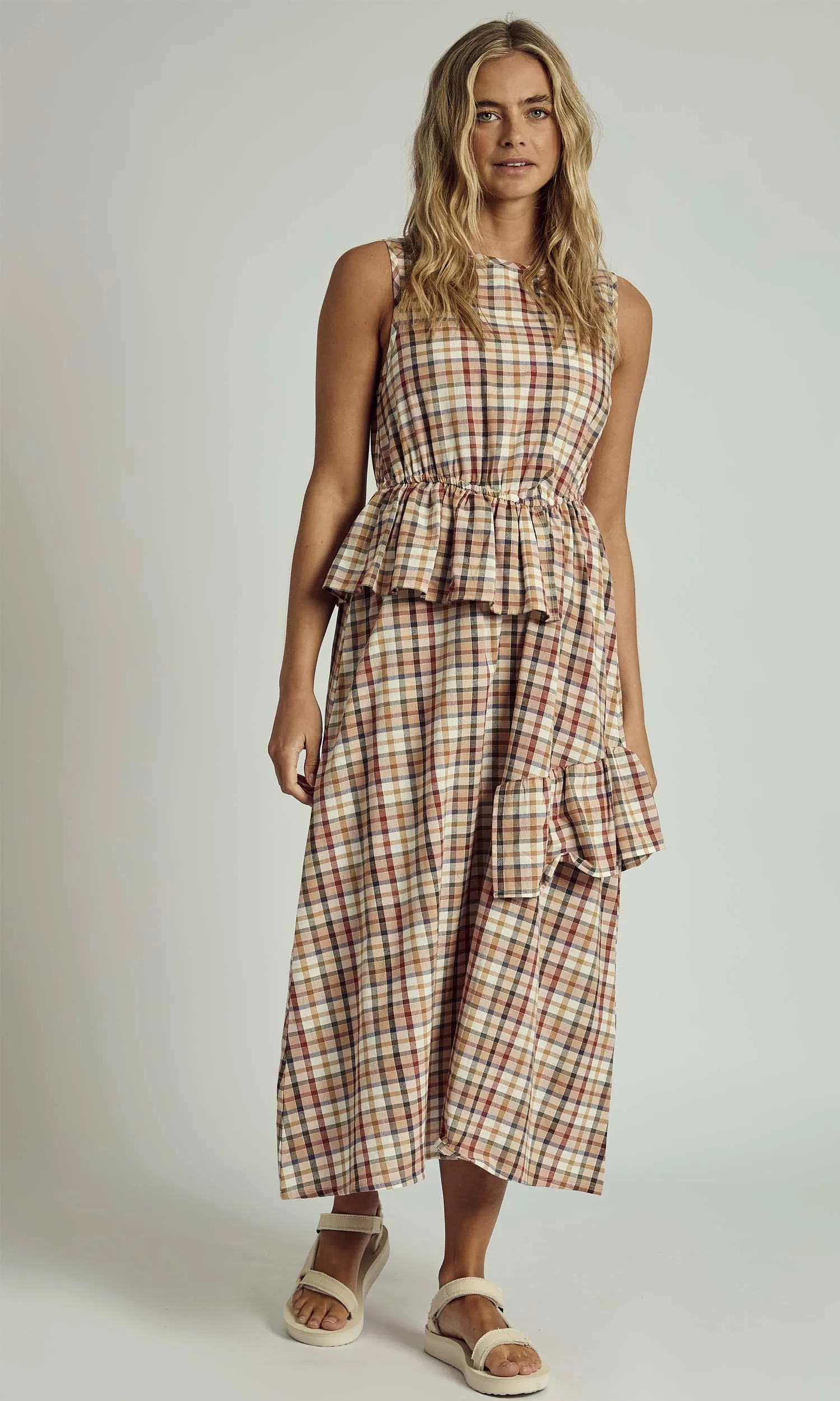 LEONA RUFFLE CHECK MIDI DRESS IN MULTI sold by NATIVE YOUTH