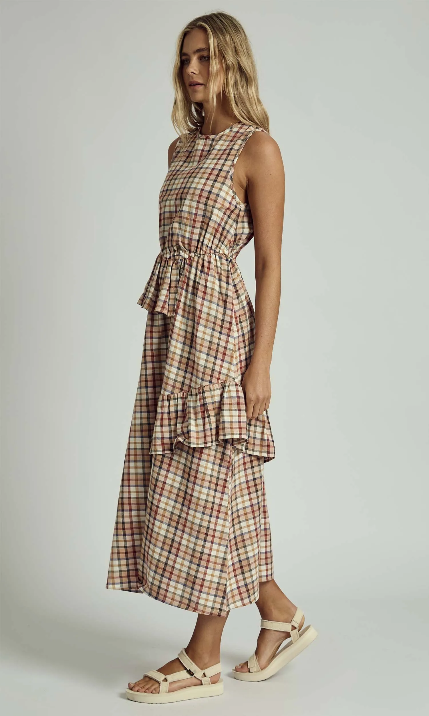 LEONA RUFFLE CHECK MIDI DRESS IN MULTI sold by NATIVE YOUTH product image thumbnail 3