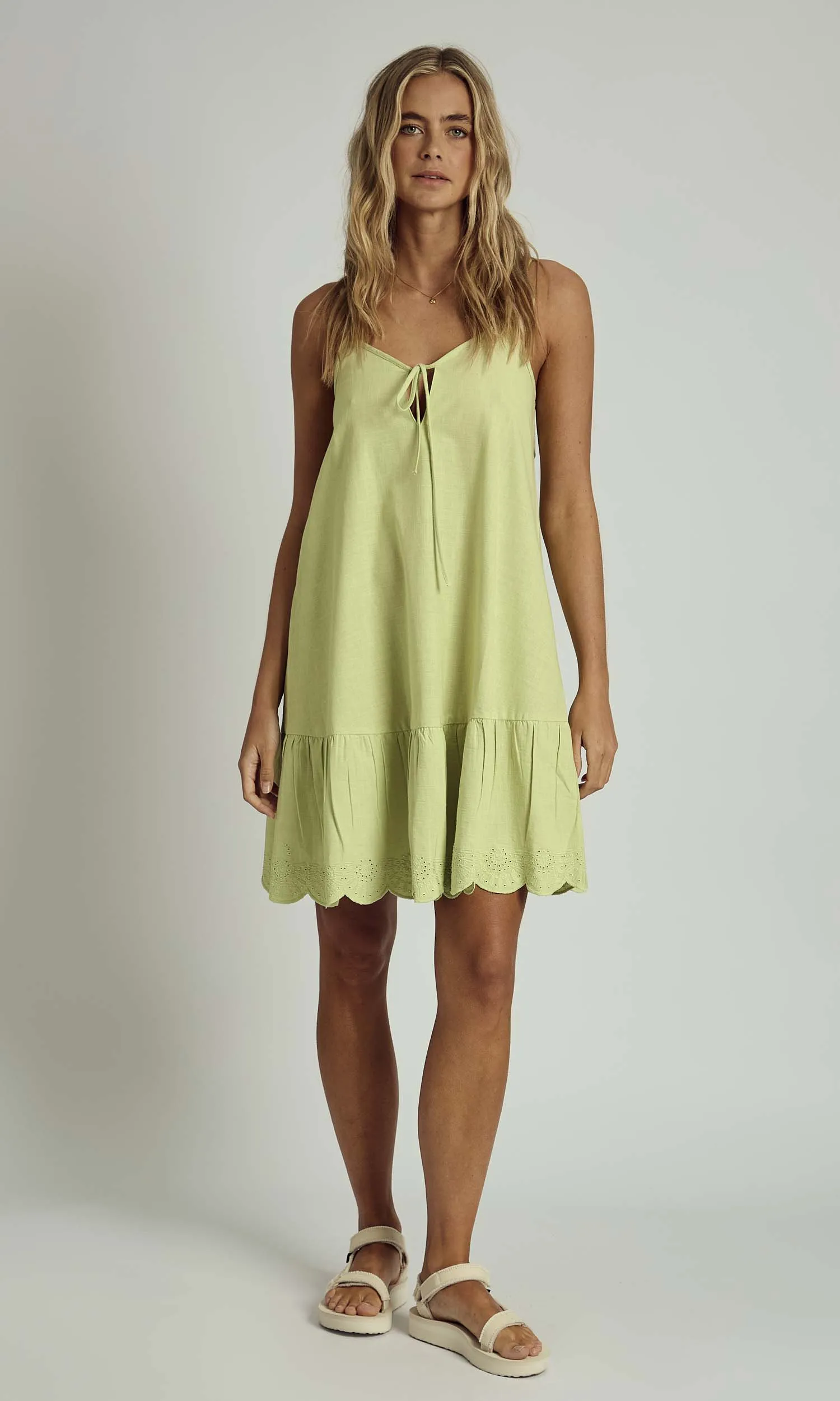 FALLON LINEN CAMI MINI DRESS IN SAGE GREEN sold by NATIVE YOUTH