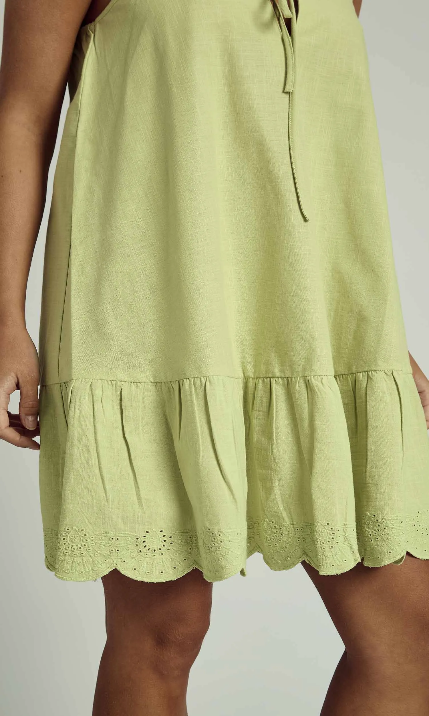FALLON LINEN CAMI MINI DRESS IN SAGE GREEN sold by NATIVE YOUTH product image thumbnail 5