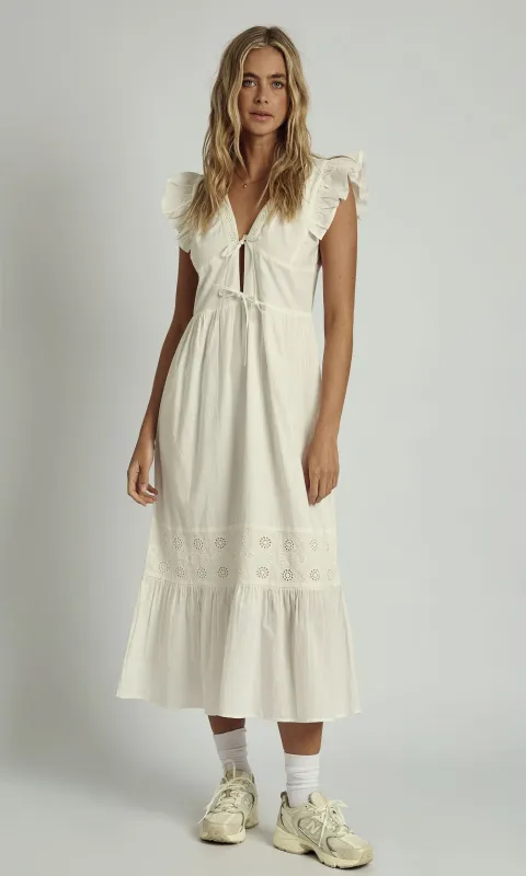 AVERIE RUFFLE MIDAXI FLOATY MIDI DRESS IN WHITE sold by NATIVE YOUTH