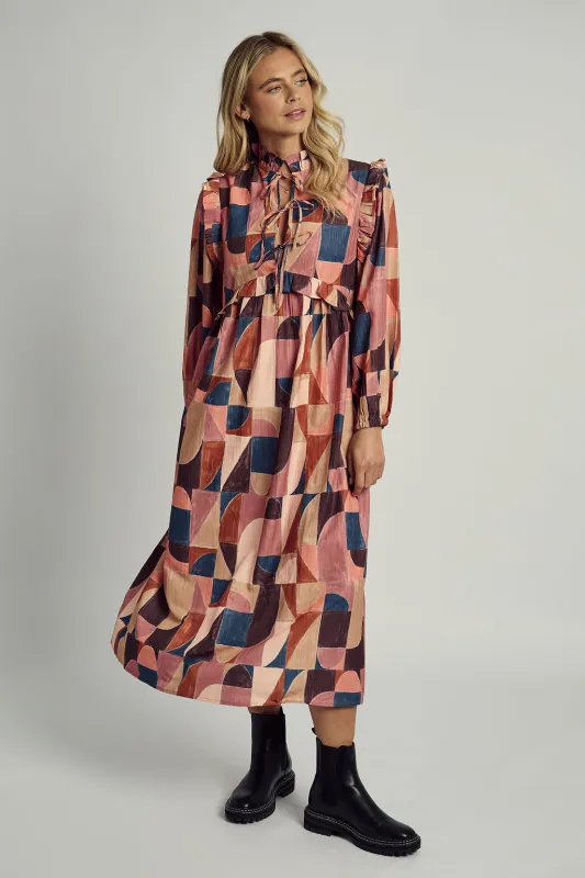 DUSKY MOSAIC TEXTURED TIE DETAIL PRINTED MAXI DRESS made by NATIVE YOUTH
