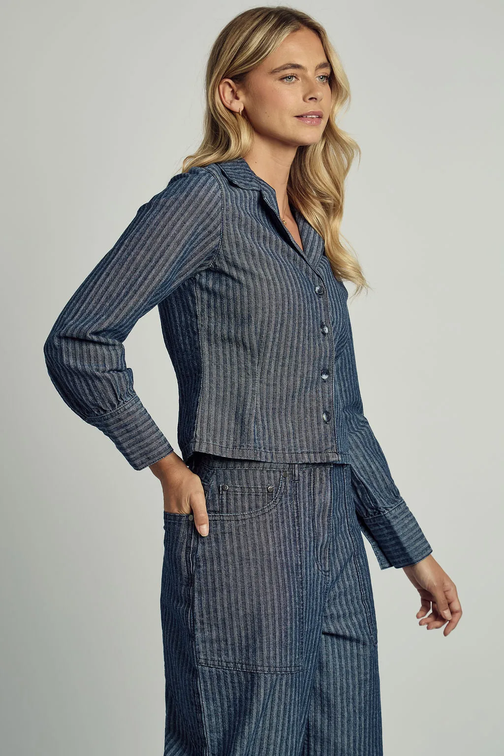 ALEXIS STRIPE DENIM TAILORED SHIRT IN BLUE sold by NATIVE YOUTH product image thumbnail 5