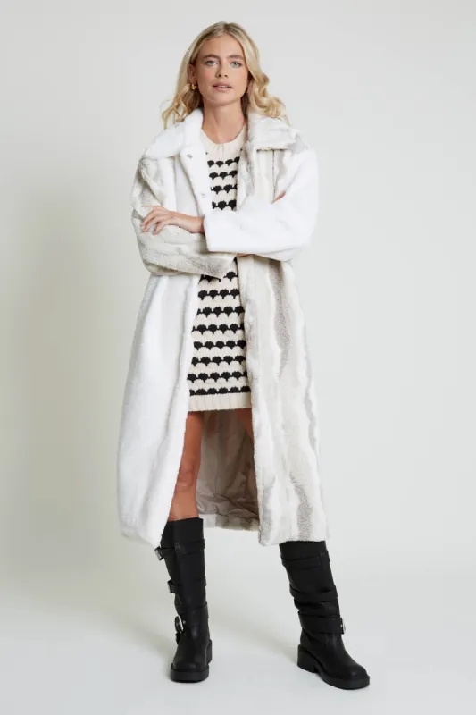 TETIA LONGLINE COAT IN MIXED SHERPA AND FAUX FUR sold by NATIVE YOUTH