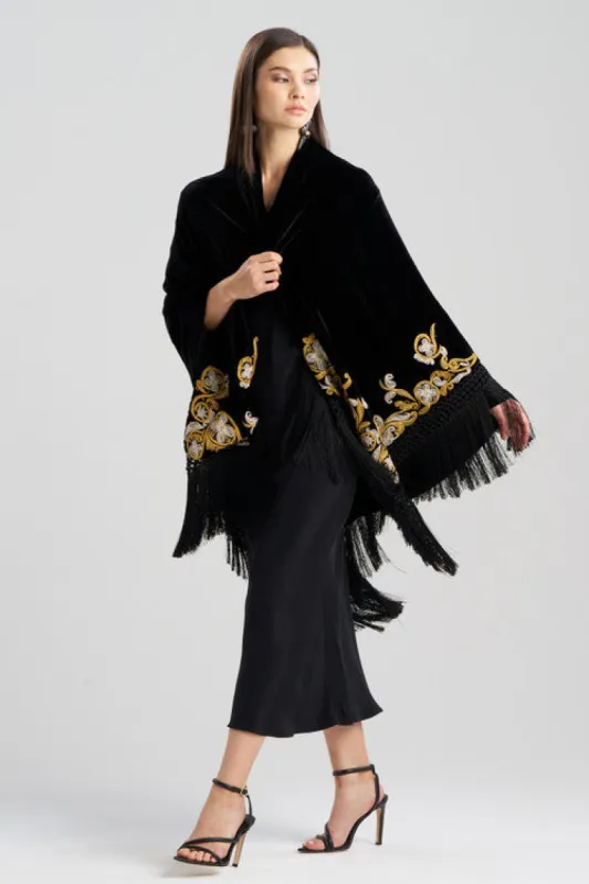 Couture Velvet Embroidered Fringe Shawl sold by Natori