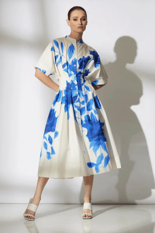Andora Printed Cotton Poplin Pleated Dress - majorelle sold by Natori