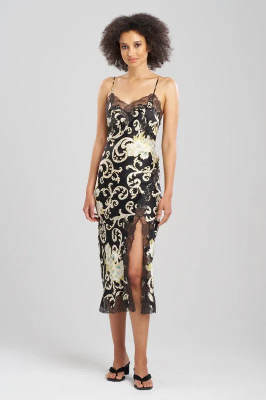 Camille Floral Scroll Lace Slit Silk Gown sold by Natori