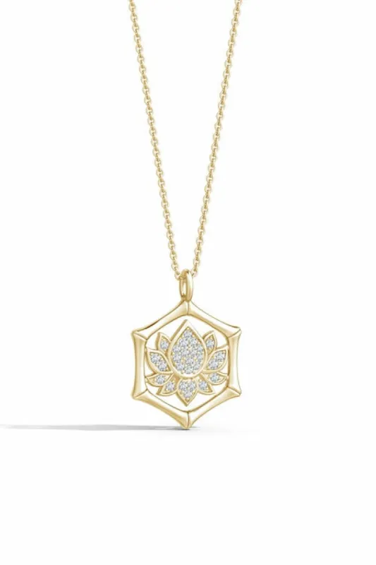 Indochine Spirit 14k Bamboo Frame Lotus Diamond Pendant Necklace made by Natori