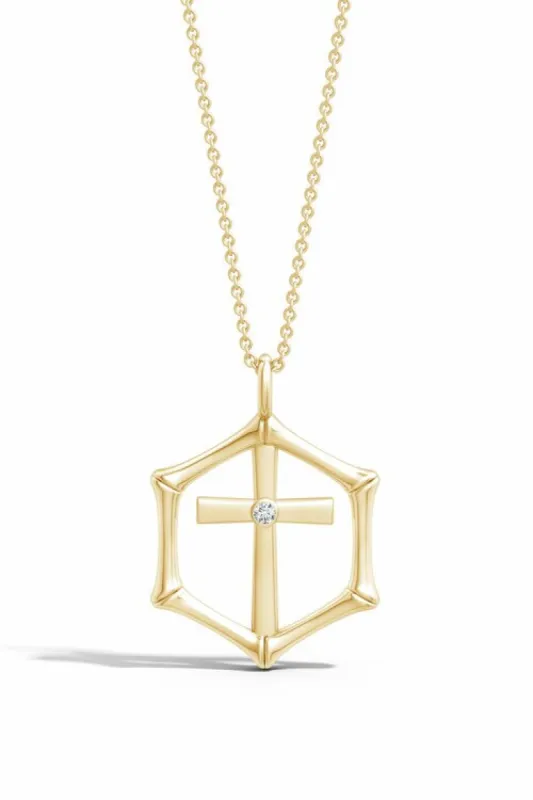 Indochine Spirit 14k Bamboo Frame Cross Diamond Pendant Necklace made by Natori