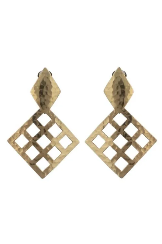 Gold Plated Brass Grid Drop Clip Earrings sold by Natori
