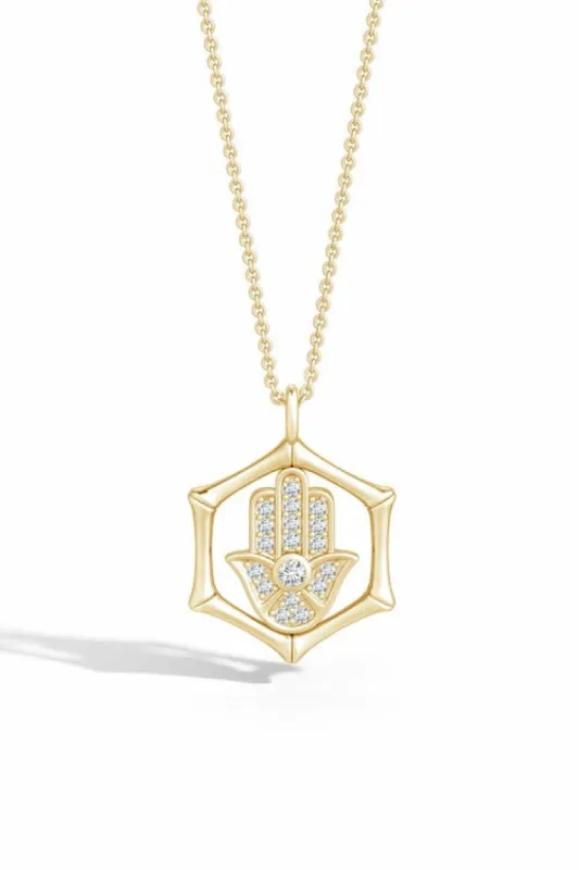 Indochine Spirit 14k Bamboo Frame Hamsa Diamond Pendant Necklace made by Natori