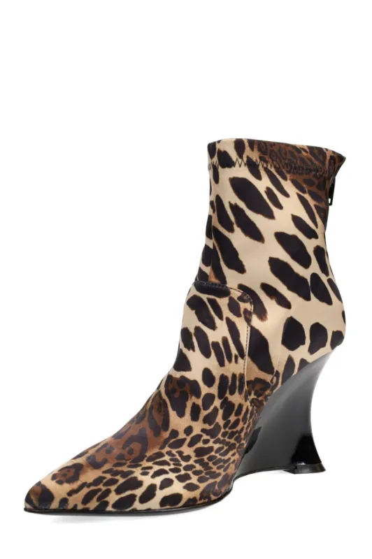 Neko Luxe Leopard Satin Wedge Ankle Boot sold by Natori