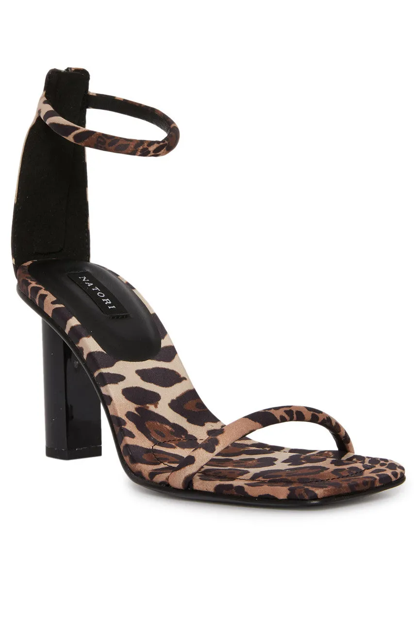 Glow Luxe Leopard Satin Block Heel Sandal sold by Natori