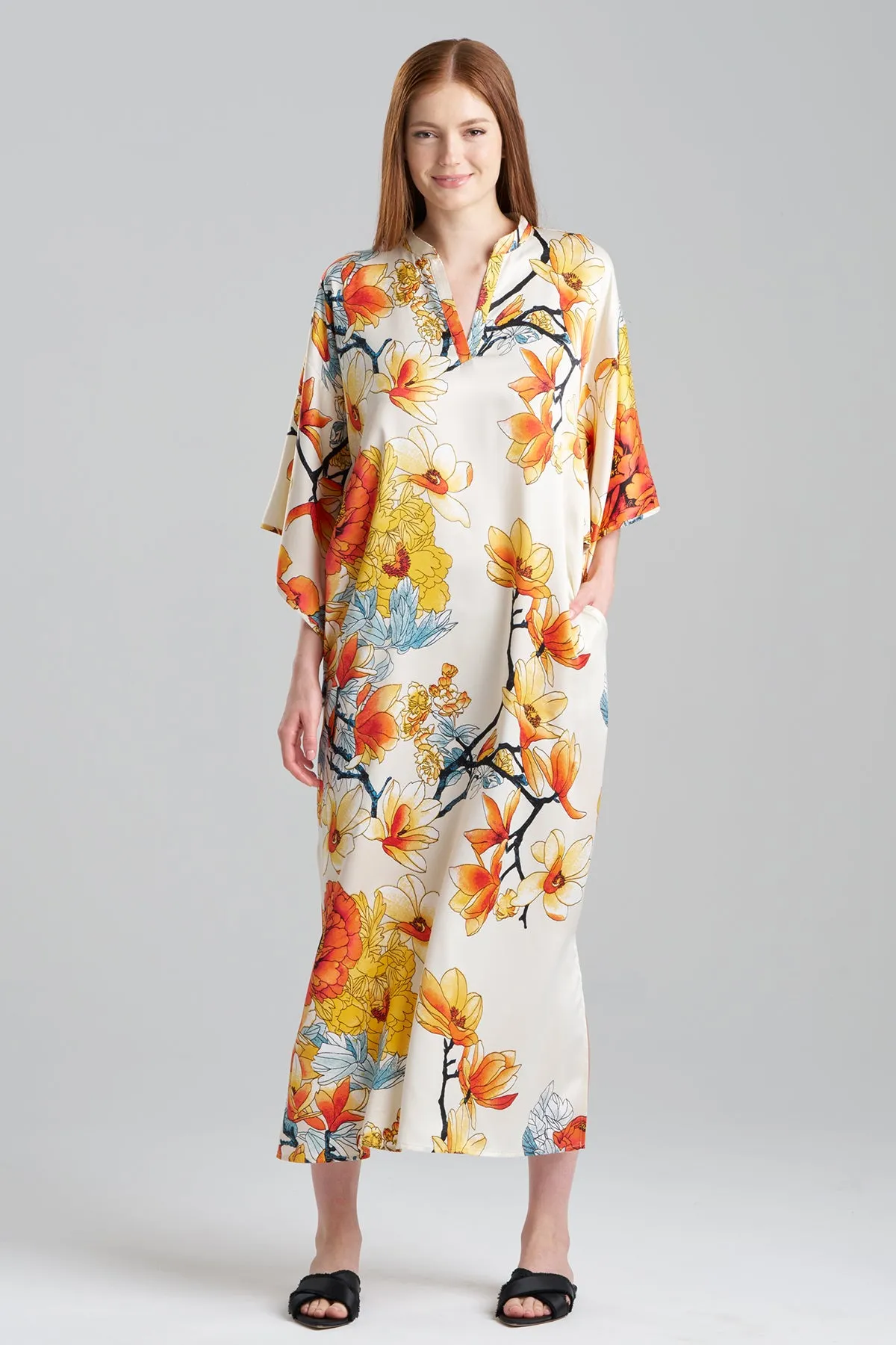 Winter Peony Satin Mandarin Caftan sold by Natori
