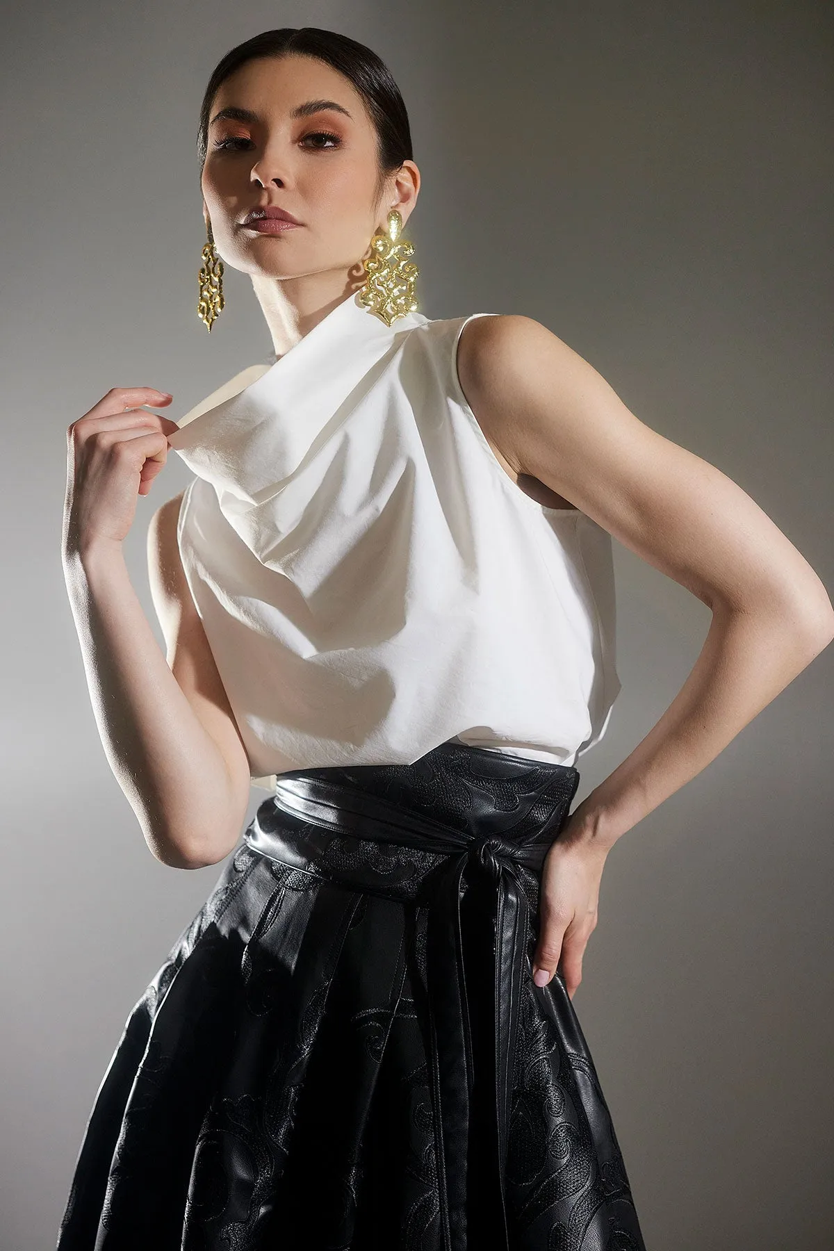 Cotton Poplin Funnel Neck Top sold by Natori