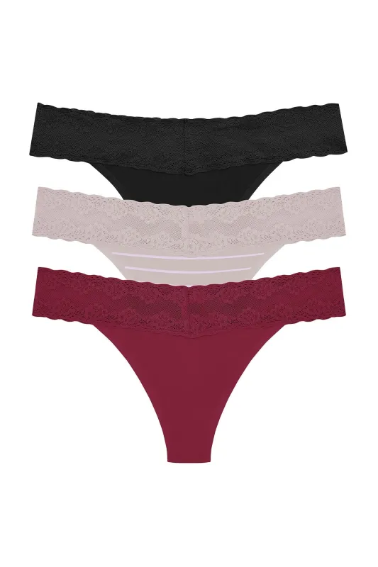 Bliss Perfection One-Size Thong 3-Pack - Dk Cherry/Vapor Stripe Print/Black sold by Natori