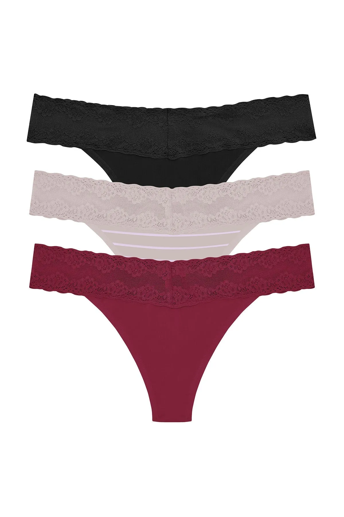 Bliss Perfection One-Size Thong 3-Pack - Dk Cherry/Vapor Stripe Print/Black sold by Natori