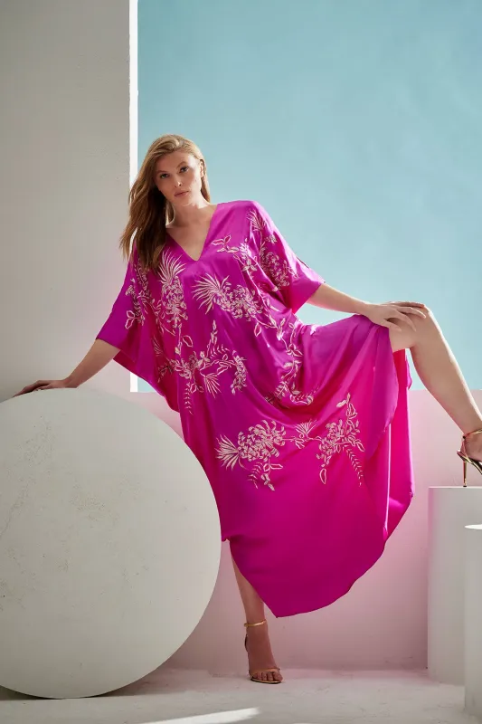 Couture Chrysanthemum Embroidered Cocoon Silk Caftan sold by Natori