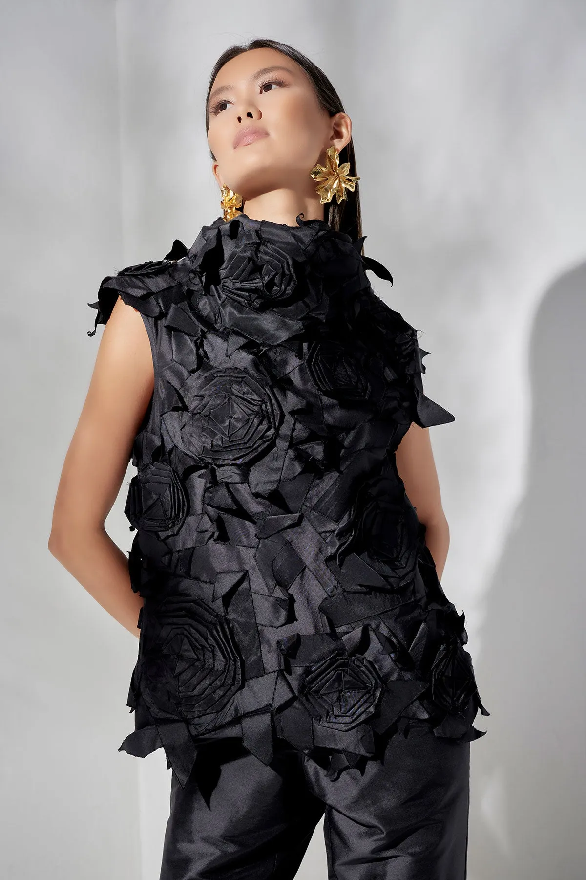 Couture Silk Dupioni Embellished Funnel Neck Top sold by Natori