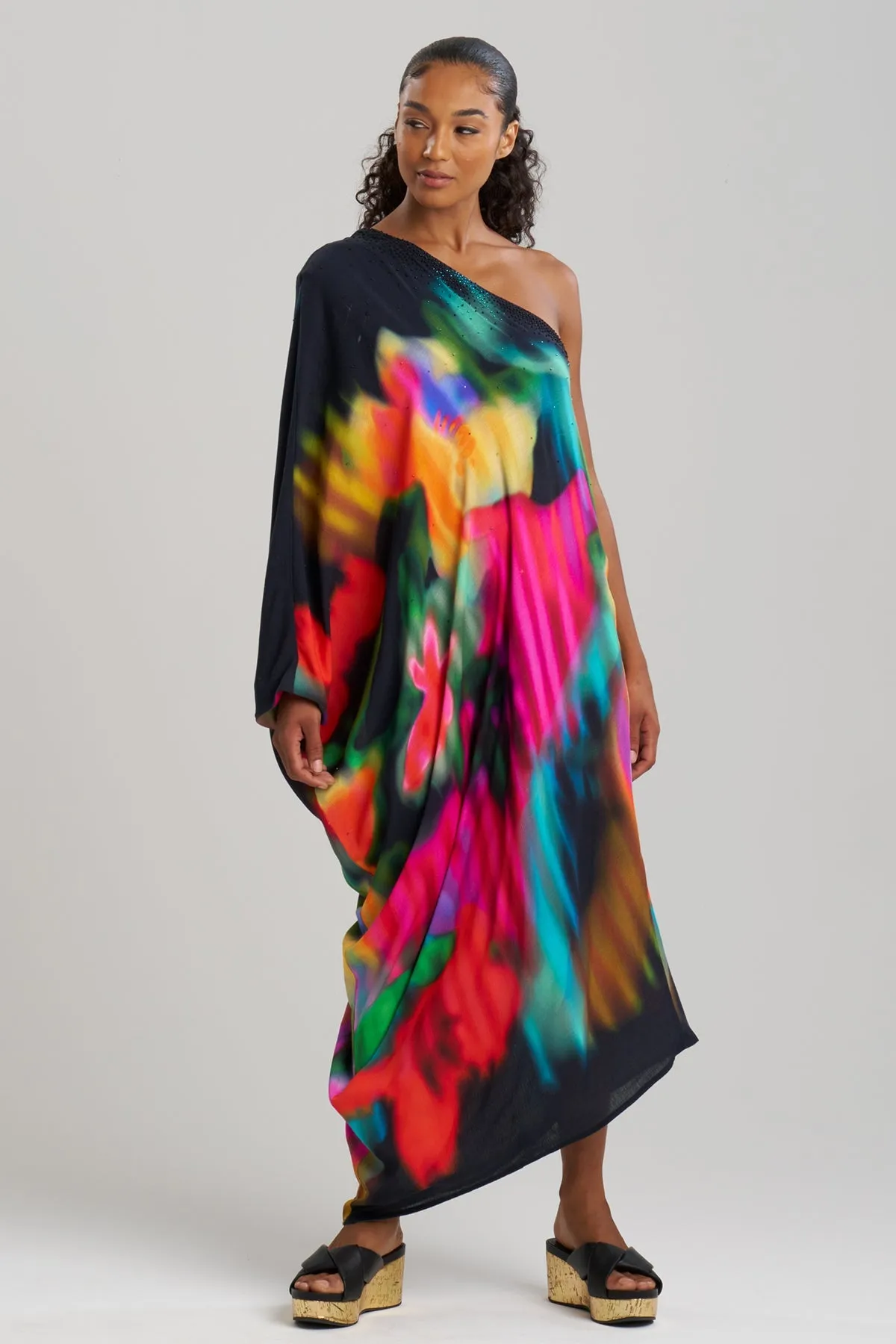 Floral Mirage Printed Rayon One Shoulder Caftan sold by Natori product image thumbnail 2