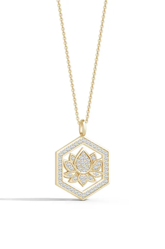 Indochine Spirit 14k Hexagon Frame Lotus Pave Diamond Pendant Necklace made by Natori