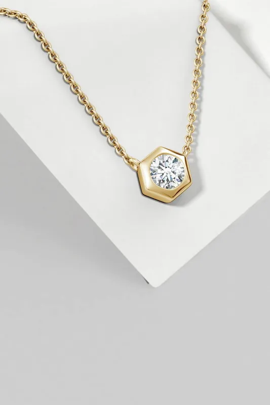 Indochine 14k Hexagon Frame Diamond Solitaire Necklace made by Natori