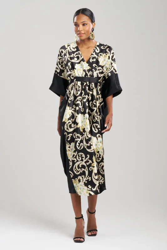 Camille Floral Scroll Silk Caftan sold by Natori