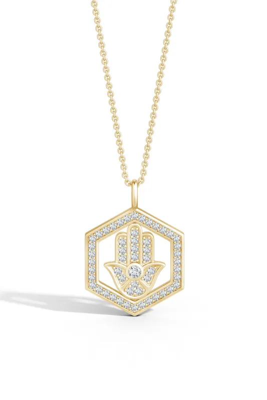 Indochine Spirit 14k Hexagon Frame Hamsa Pave Diamond Pendant Necklace made by Natori