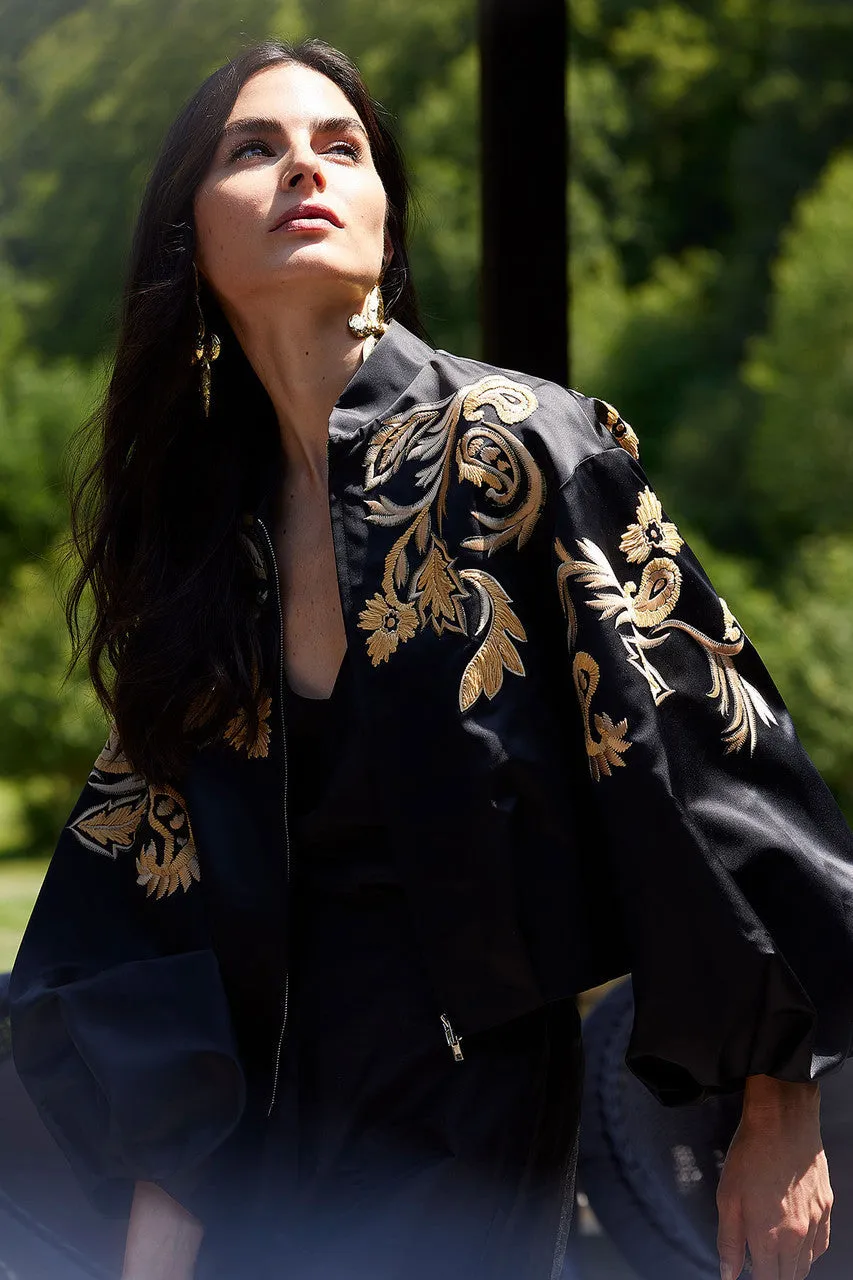 Duchess Satin Embroidered Crop Bomber Jacket sold by Natori