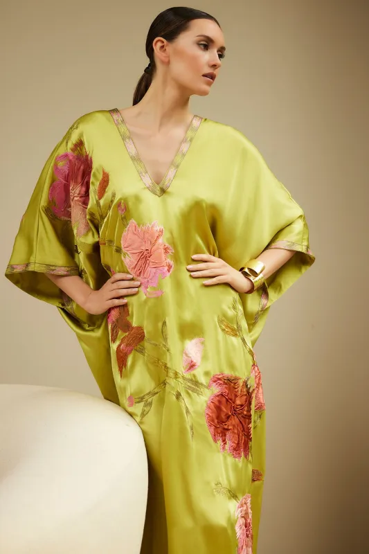 Couture Brushstroke Embellished Cocoon Silk Caftan made by Natori