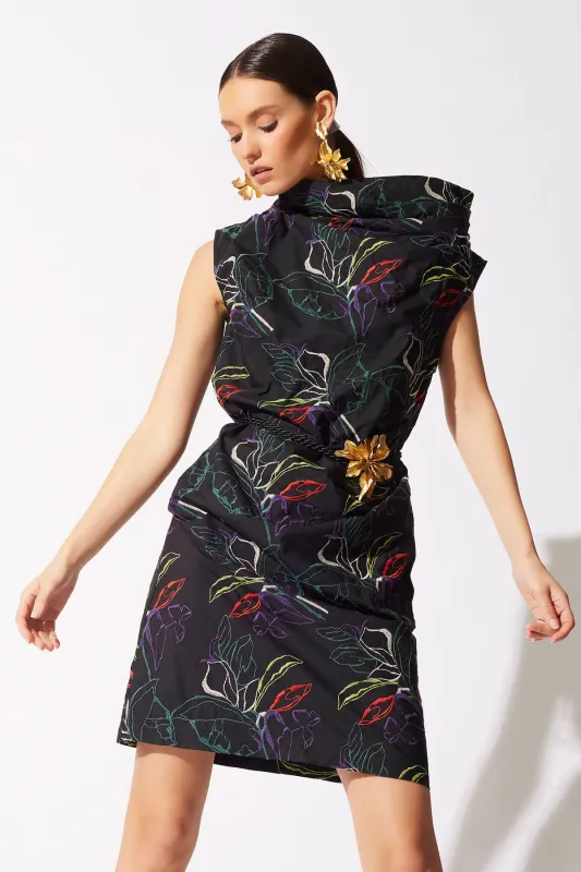 Yoru Embroidered Cotton Poplin Asymmetric Funnel Neck Dress sold by Natori