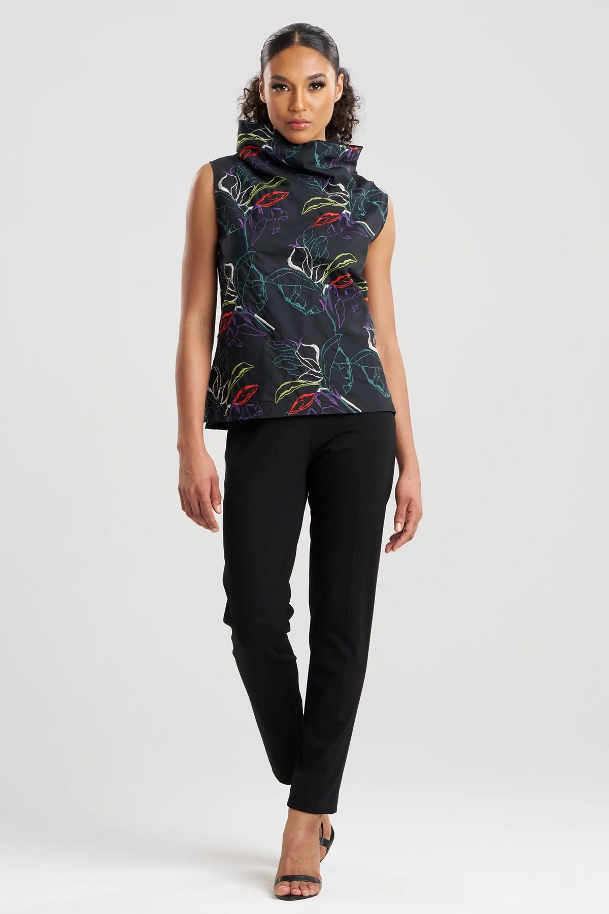 Yoru Embroidered Cotton Poplin Funnel Neck Top sold by Natori