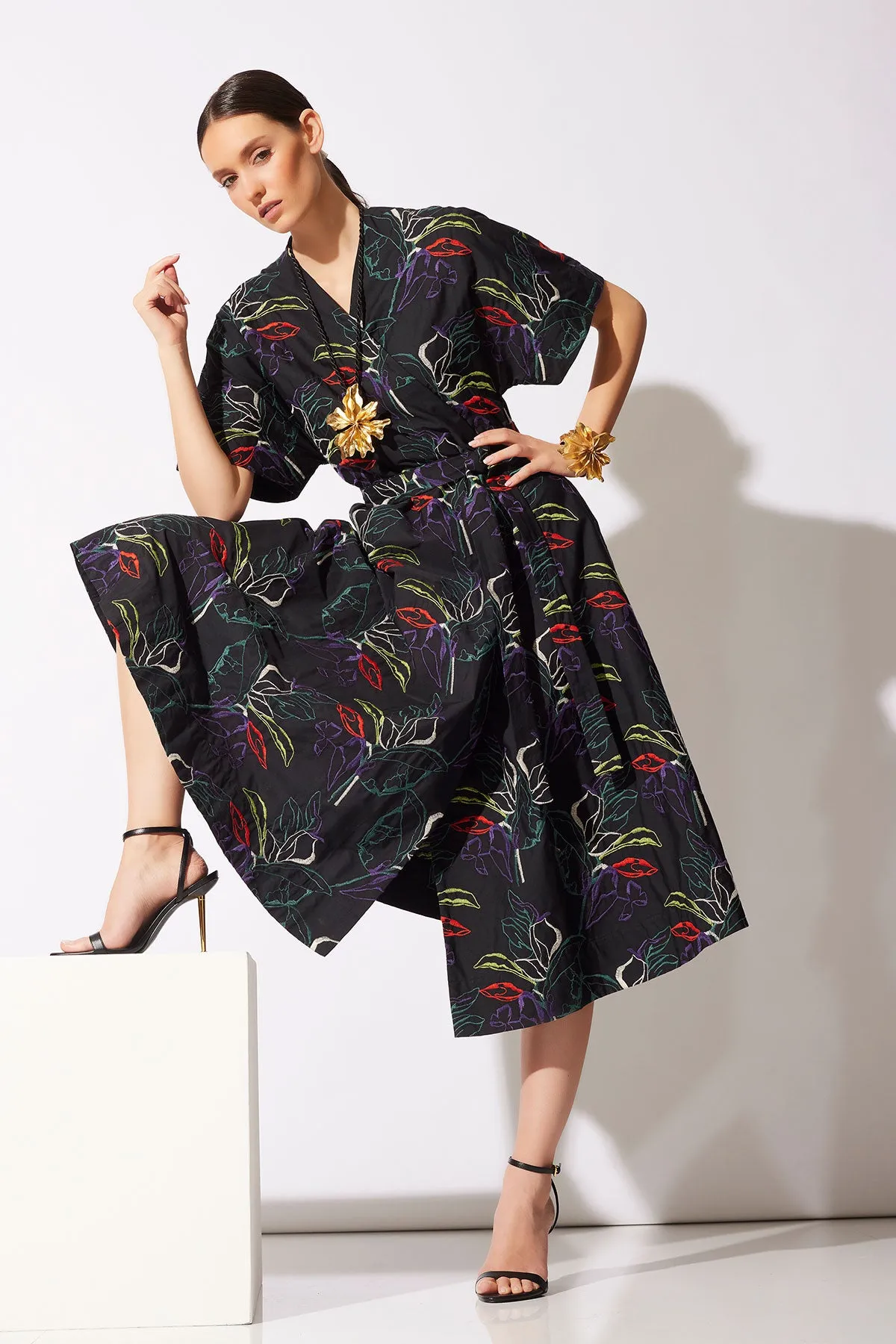 Yoru Embroidered Cotton Poplin Kimono Wrap Dress sold by Natori