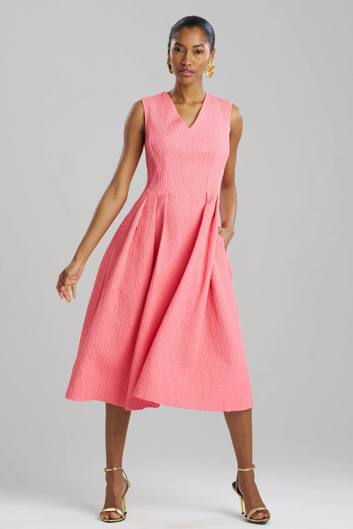Textured Cotton Jacquard Sleeveless Pleated Dress sold by Natori