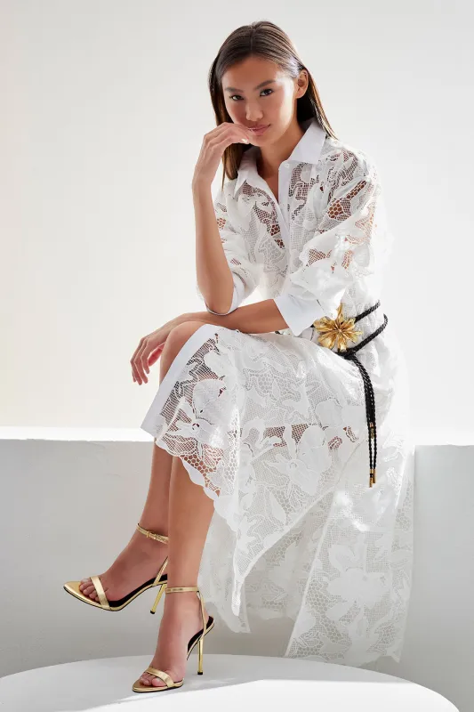 Nishi Lace Oversized Shirtdress - White sold by Natori