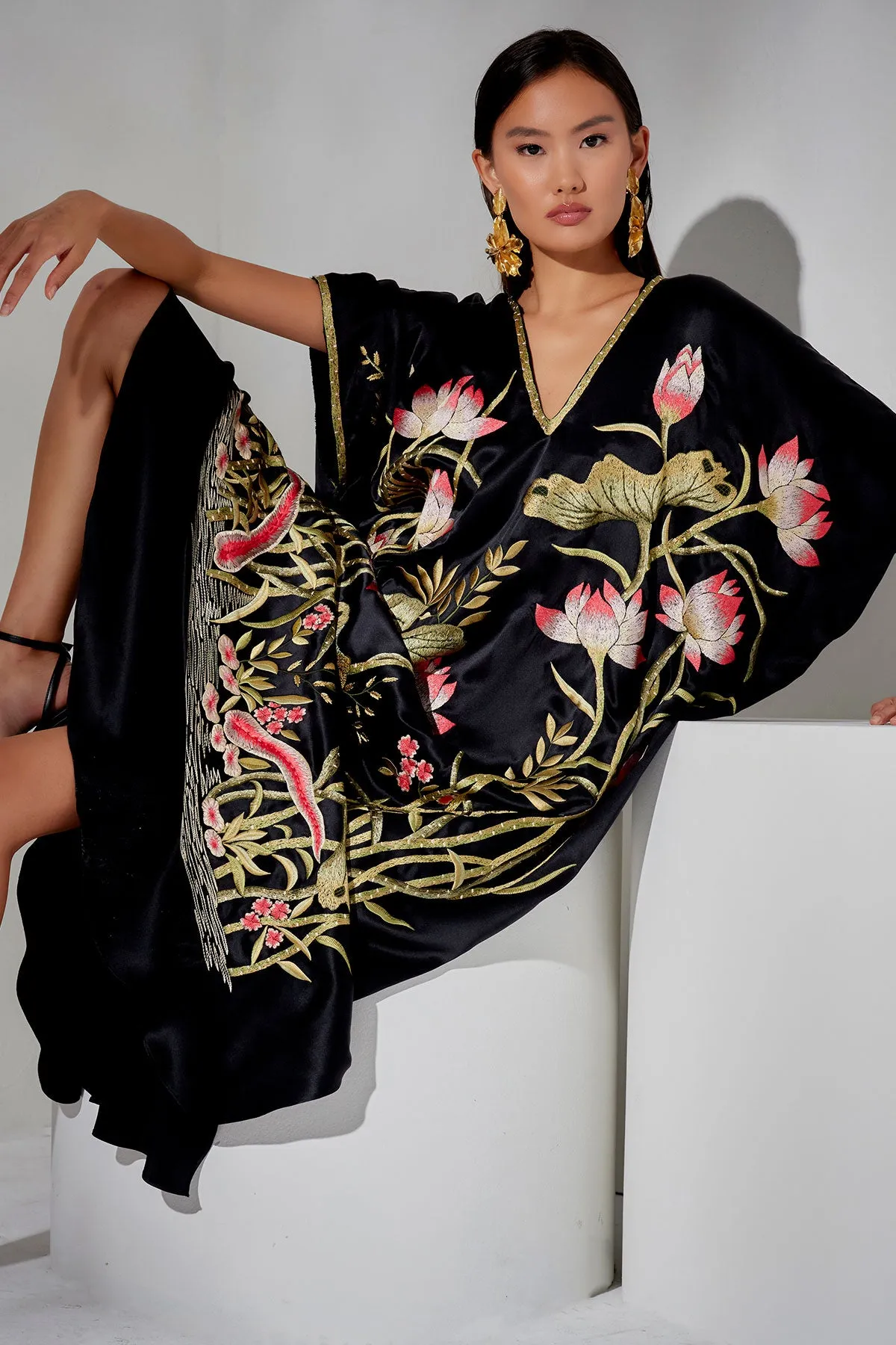 Couture Lotus Embroidered Cocoon Silk Caftan - Black sold by Natori