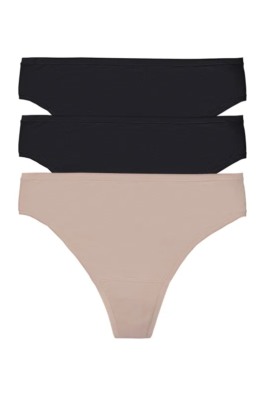Bliss Bare Cotton Thong 3-Pack - Black/Black/Café sold by Natori