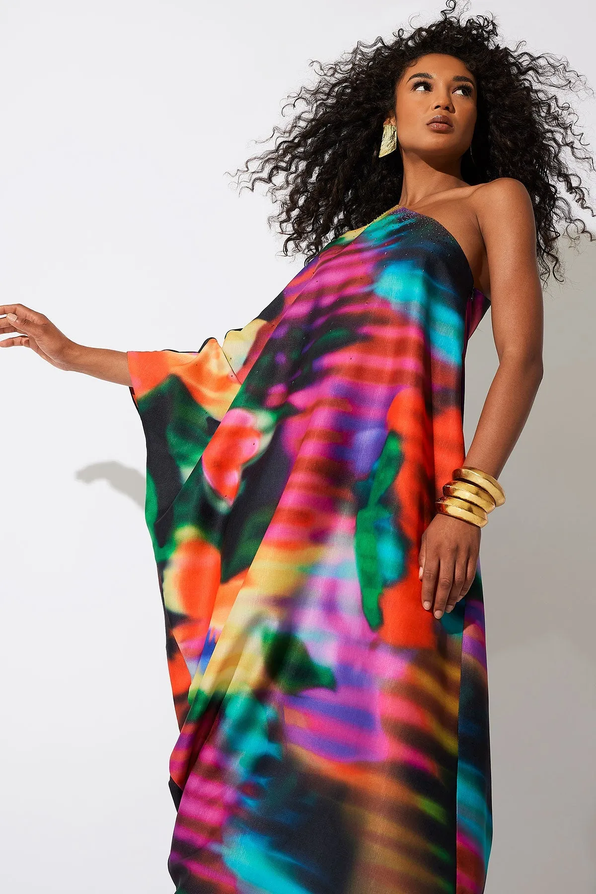 Floral Mirage Printed Rayon One Shoulder Caftan sold by Natori