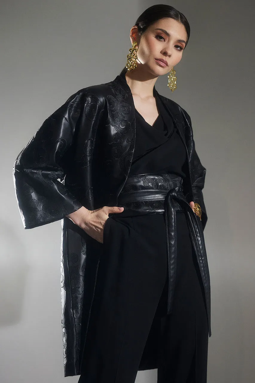 Leticia Embroidered Faux Leather Kimono Coat sold by Natori