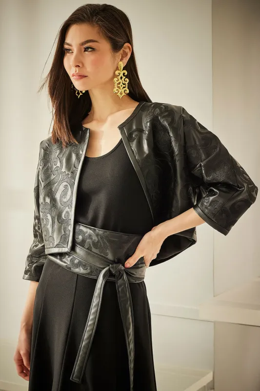 Leticia Embroidered Faux Leather Cropped Jacket sold by Natori