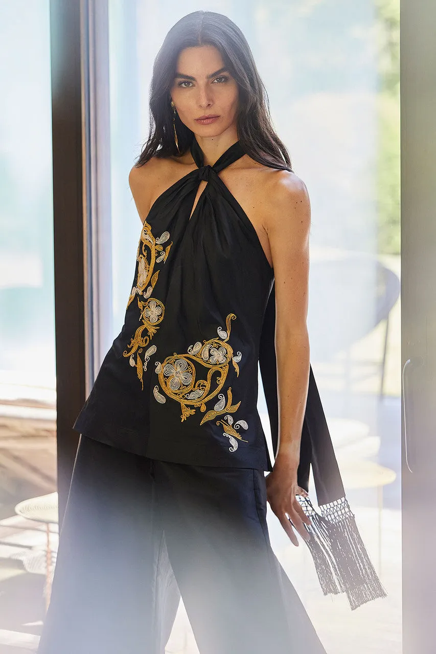 Silk Dupioni Embroidered Halter Top sold by Natori