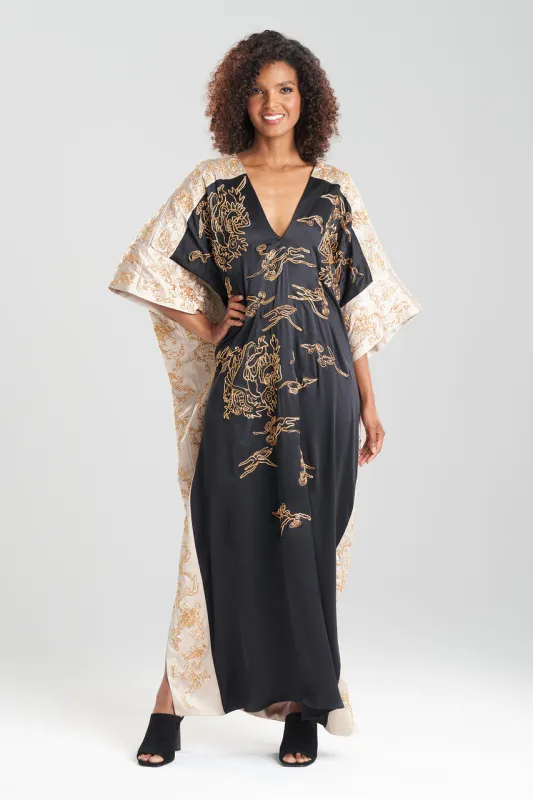 Couture Dragon Embroidered Cocoon Silk Caftan sold by Natori