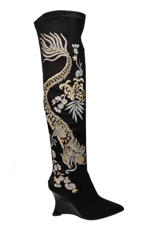 Natsu Satin Embroidered Dragon Stretch Over the Knee Boot sold by Natori