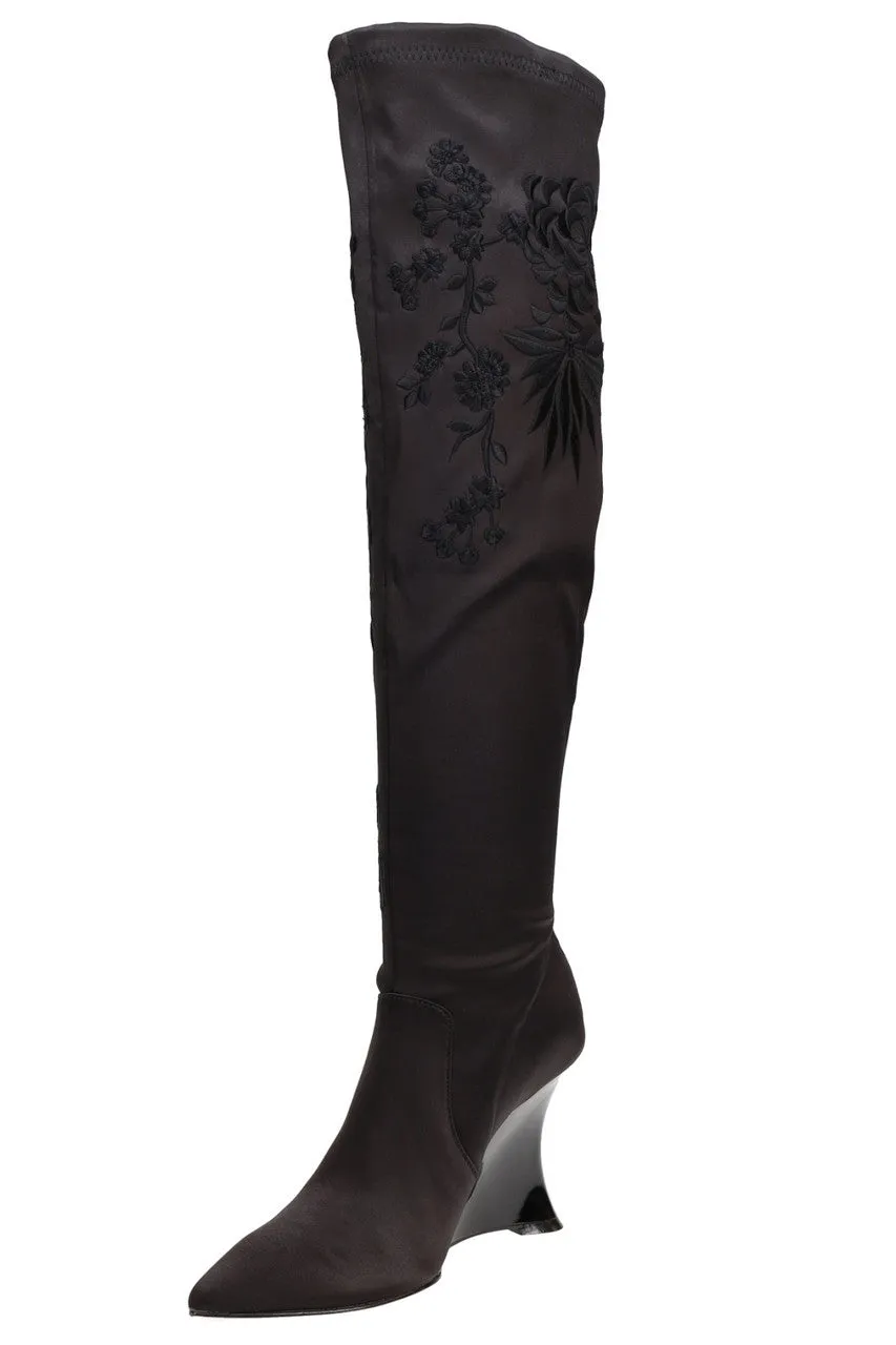Natsu Satin Embroidered Dragon Stretch Over the Knee Boot sold by Natori