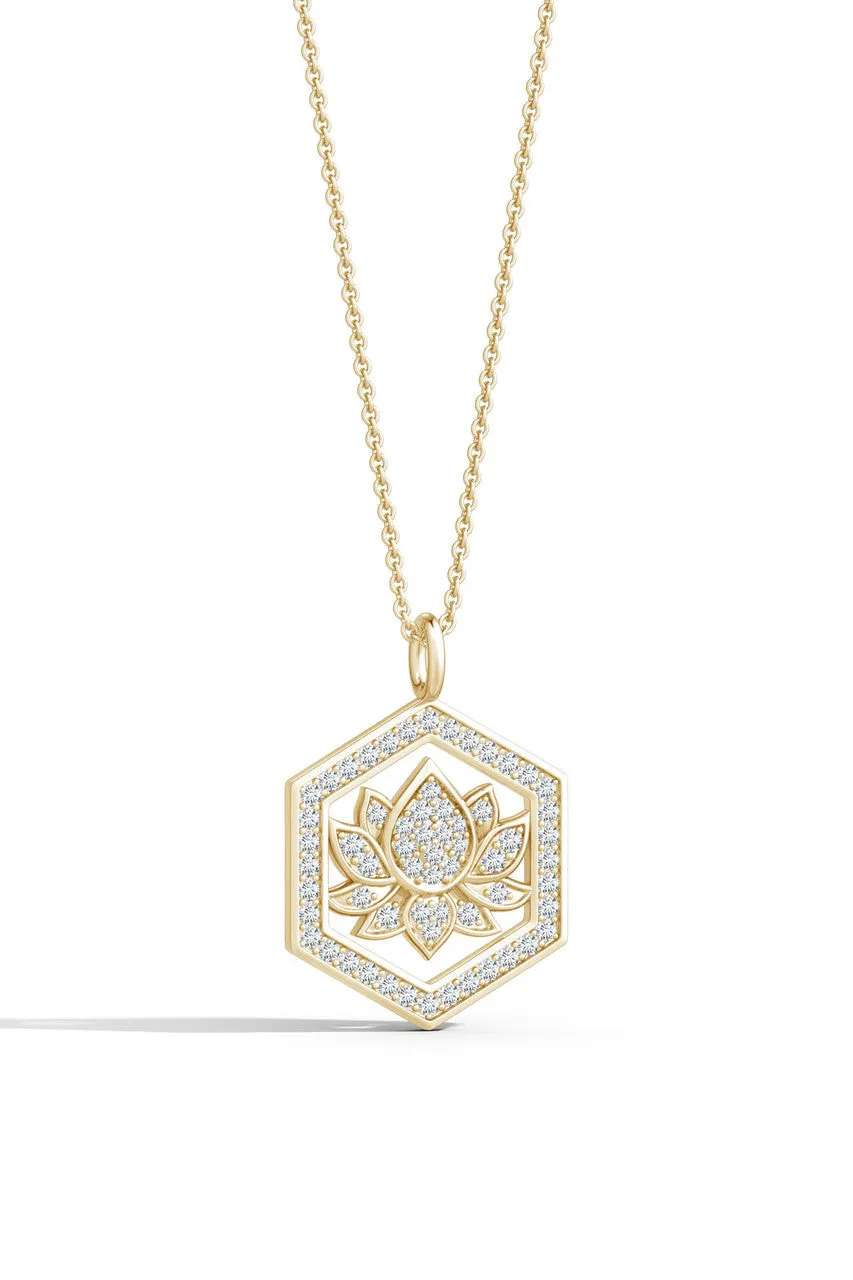 Indochine Spirit 14k Hexagon Frame Lotus Pave Diamond Pendant Necklace sold by Natori