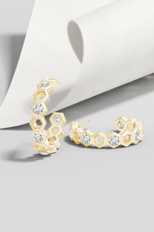 Indochine 14k Small Alternate Stacked Hexagon Diamond Hoop Earrings sold by Natori