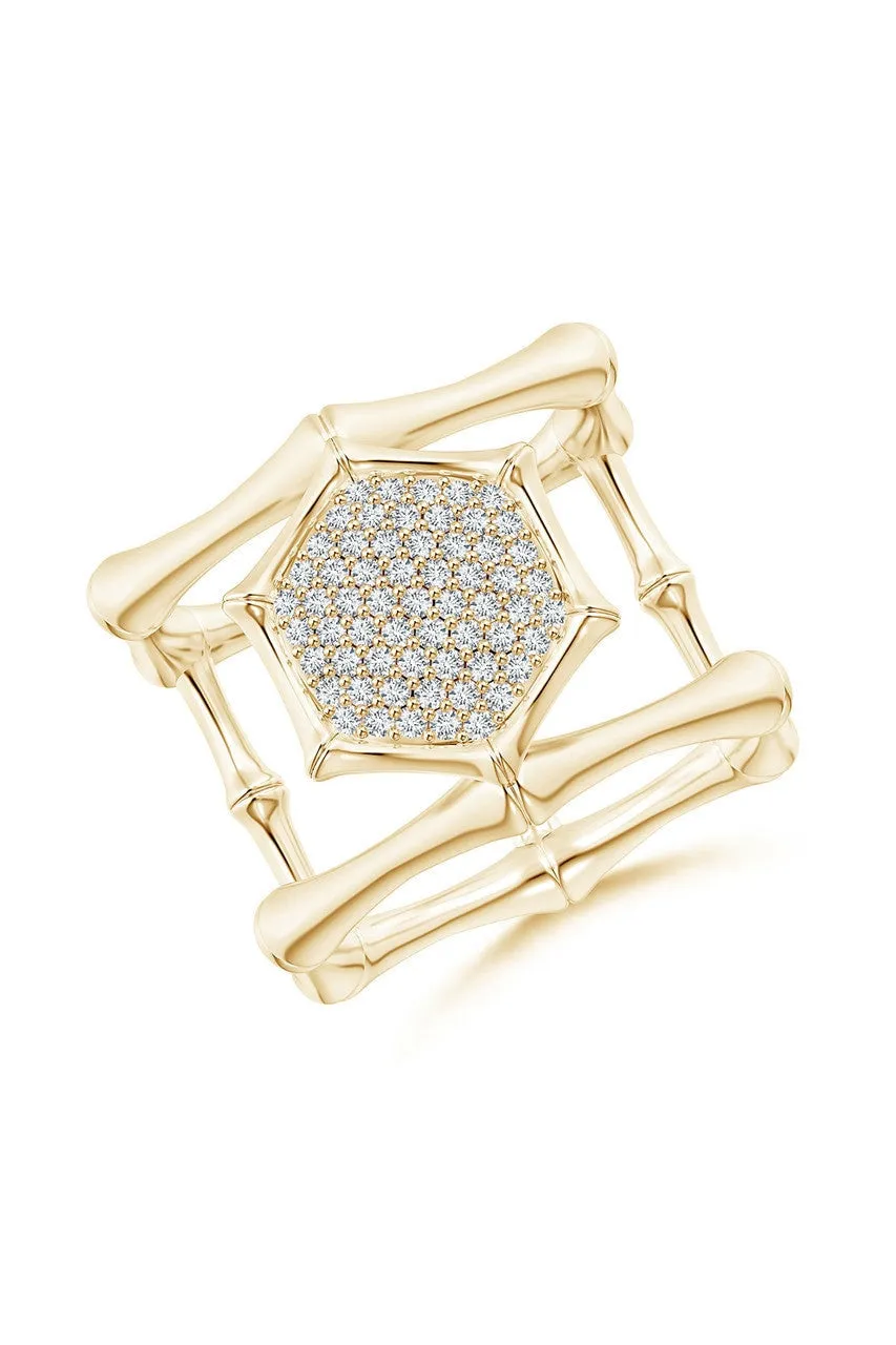 Indochine 14k Pave Diamond Hexagon Center Double Bamboo Band Cocktail Ring sold by Natori product image thumbnail 2