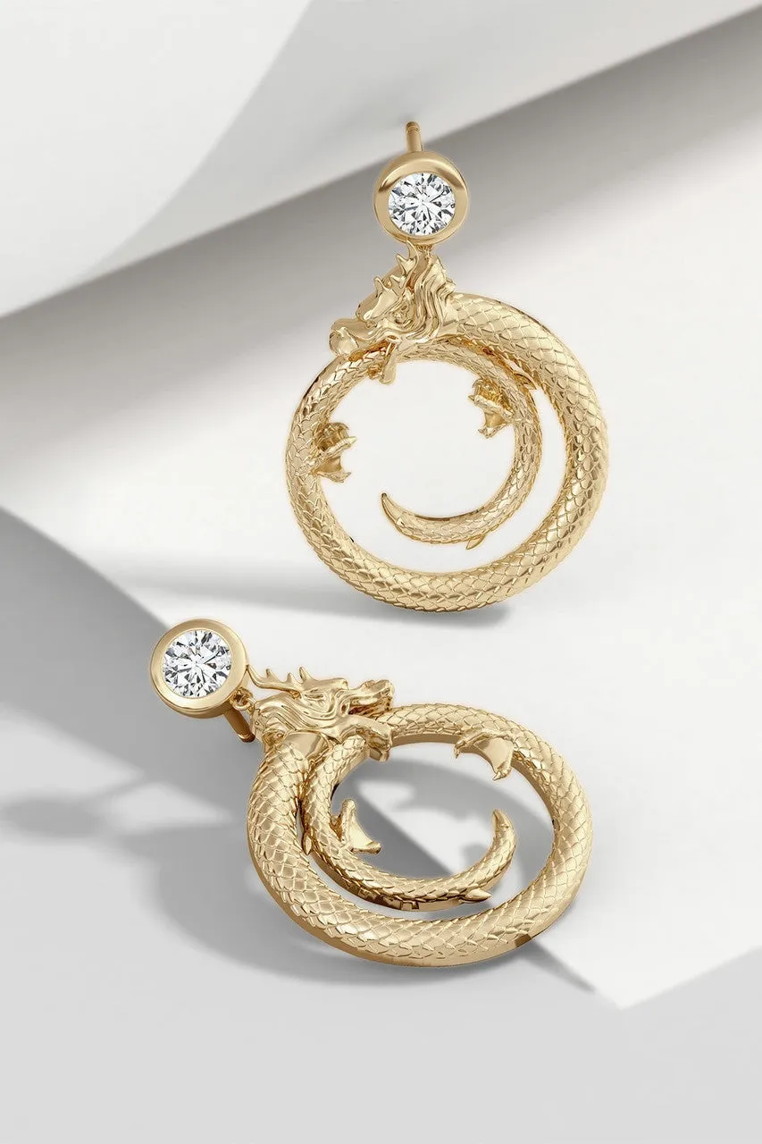Dragon 14k Yellow Gold Ear Danglers With Diamond sold by Natori