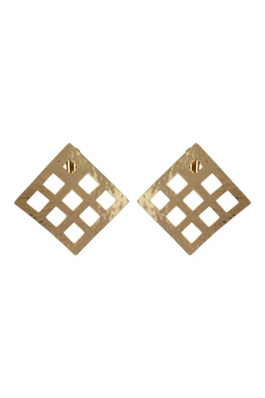 Gold Plated Brass Grid Pendant Clip Earrings sold by Natori
