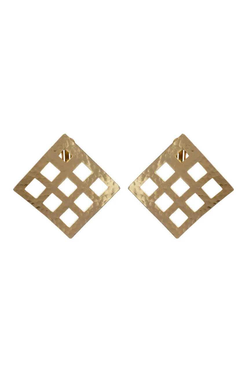 Gold Plated Brass Grid Pendant Clip Earrings sold by Natori